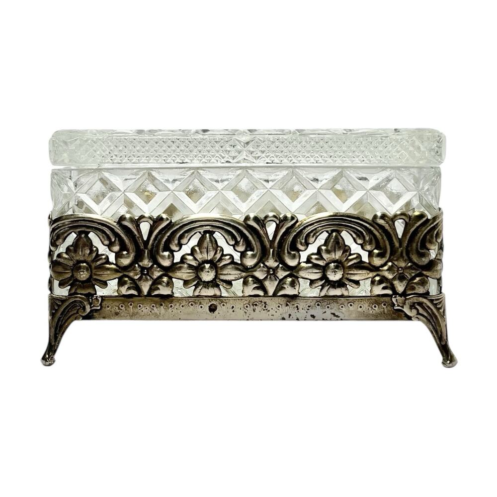 1970s Vintage Gold Tone Glass Floral Casket Vanity Jewelry Trinket Box 4 1/2”